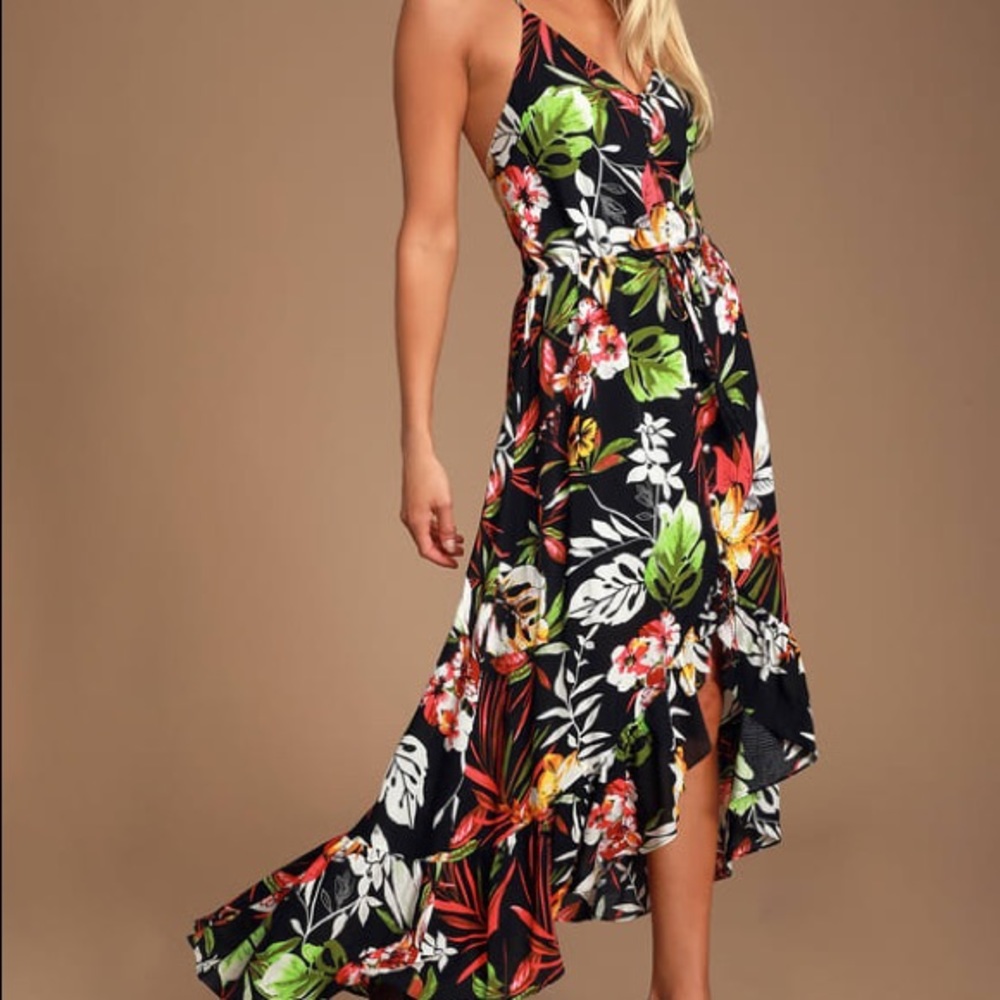 Lulus Tropical Print Button Up High-Low Midi Dress